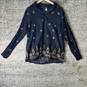 Johnny Max Shirt Womens Large Blue Hooded Made in USA‎ Boho Gold Print 5176-BV